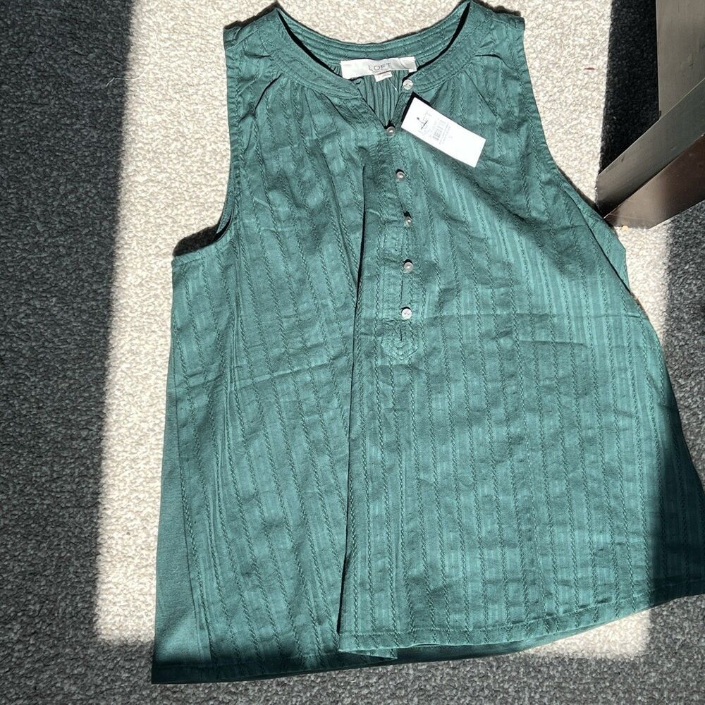 LOFT Teal Textured Sleeveless Button Neck Blouse Top‎ Womens Size S